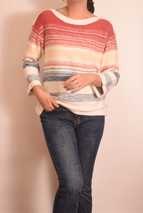 Ladies Petite Multicolor Striped Sweater