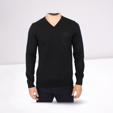 Black Wool Blend V-neck Pullover Sweater