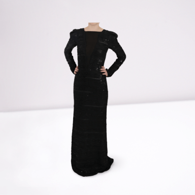 Black Silk Full Length Sequined Gown Dress