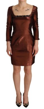 Metallic Brown Long Sleeves Square Neck Sheath Dress