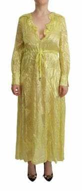 Yellow Silk Long Sleeves Plunging Maxi Dress