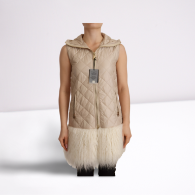 Beige Quilted Hooded Sleeveless Coat Jacket