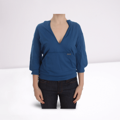 Blue Cotton Top Pullover Deep V-neck Women Sweater