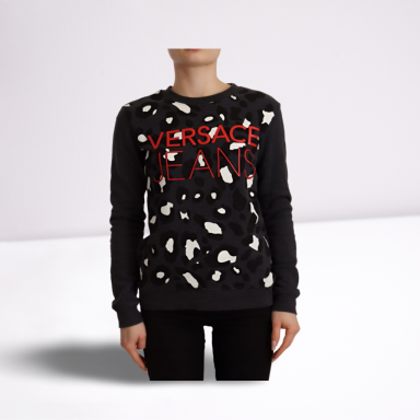 Black Cotton Leopard Long Sleeves Pullover Sweater