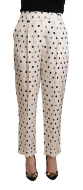 White Polka Dotted High Waist Tapered Pants