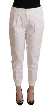 White Cotton Mid Waist Tapered Cropped Pants