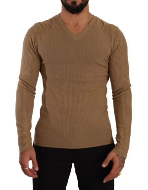 Brown Wool Knit V-neck Men Pullover Sweater