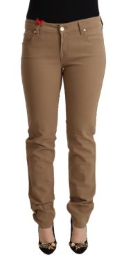Brown Cotton Stretch Mid Waist Skinny Pants