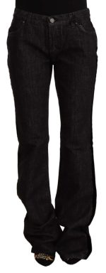 Black Mid Waist Cotton Denim Straight Boot Cut Jeans