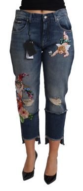 Blue Floral Embroidery Cropped Cotton Jeans