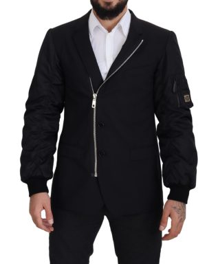 Black Wool Full Zip Long Sleeves Jacket