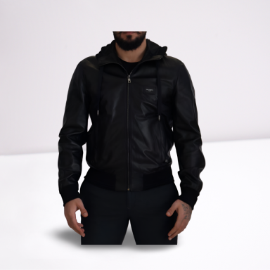 Black Leather Hooded Bomber Coat Jacket