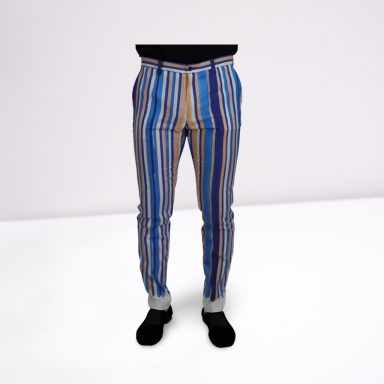 Blue Striped Silk Cotton Slim Trousers Pants