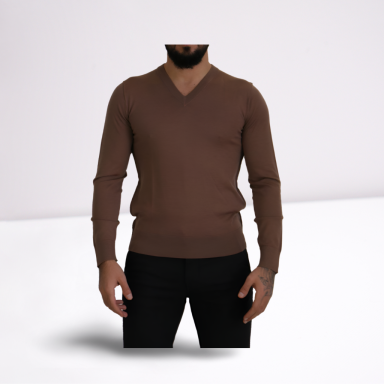 Brown Wool Men V-neck Pullover Sweater