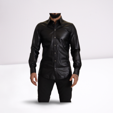 Black Leather Button Down Long Sleeves Shirt