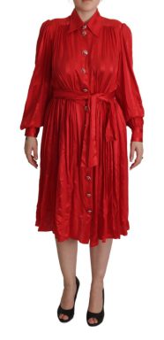 Red Button Down Belted Midi Satin Silk Dress