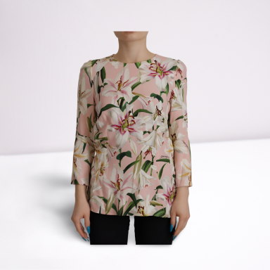 Pink Lily Print Long Sleeves Blouse Top
