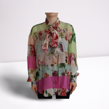 Multicolor  Floral Patchwork Design Ascot Collar Top Blouse