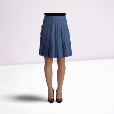 Blue Embellished Pleated Mini Skirt Wool