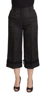 Black Brocade Cropped High Waist Pants