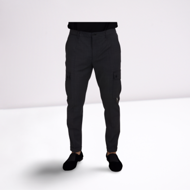 Gray Checked Cargo Trousers Stretch Pants