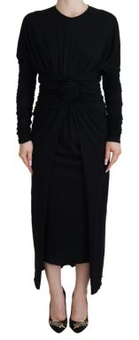 Black Sheath Midi Gown Wool Wrap Dress