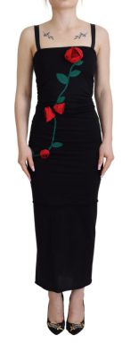 Black Sheath Bodycon Stretch Roses Dress