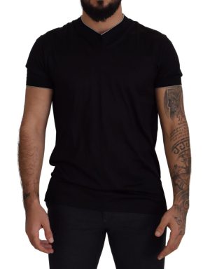 Black Silk V-Neck Short Sleeve T-shirt
