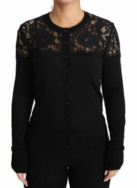 Black Floral Lace Trimmed Cardigan Wool Sweater