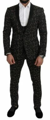 Black Floral Shawl 3 Pieces Shiny Suit