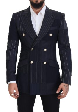 Blue Wool Patchwork Double Breasted Blazer