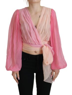 Pink Silk Wrap Long Sleeves Blouse Top