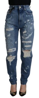 Blue Cotton High Waist Tattered DenimJeans