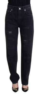 Black Cotton Tattered High Waist Denim Jeans