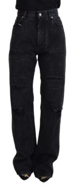 Black Washed Cotton Tattered High Waist Jeans