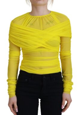 Yellow Mesh Long Sleeves Nylon Blouse Top