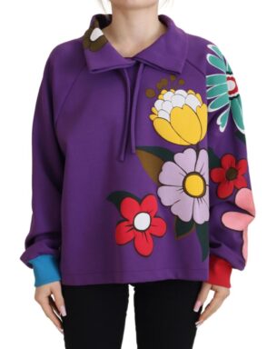 Purple Floral Print Pullover  Cotton Sweater
