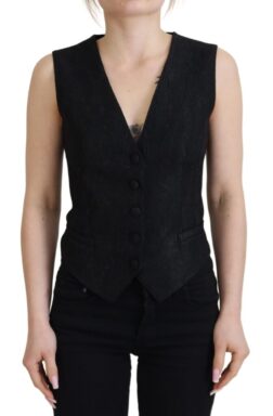 Black Brocade Button Down Sleeveless Vest Top