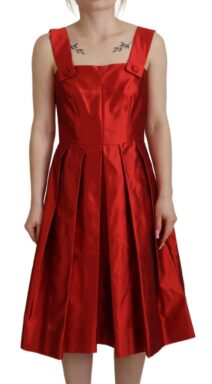 Red Sleeveless Pleated Aline Knee Length Dress