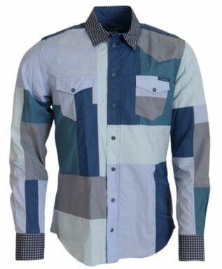 Blue Cotton Patchwork Slim Fit Top Shirt