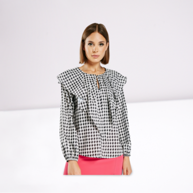 Houndstooth Print Ruffle Blouse