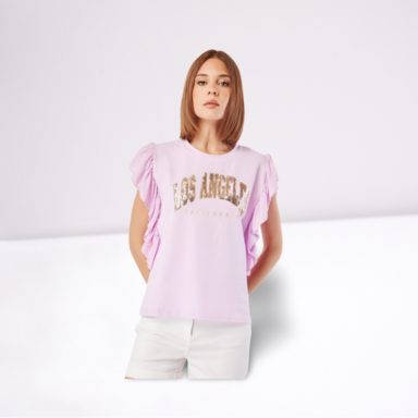 Sequin Front Logo Frilled Sleeve Top