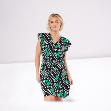 Frilly Sleeve Geometric Print Dress
