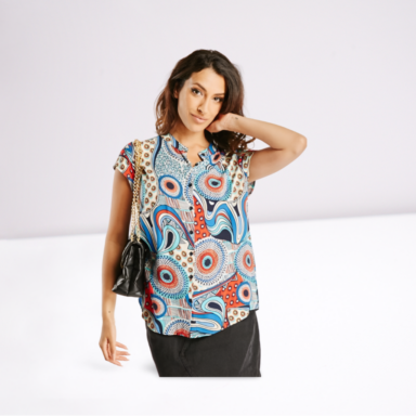 Mixed Print Buttoned Short Sleeve Top